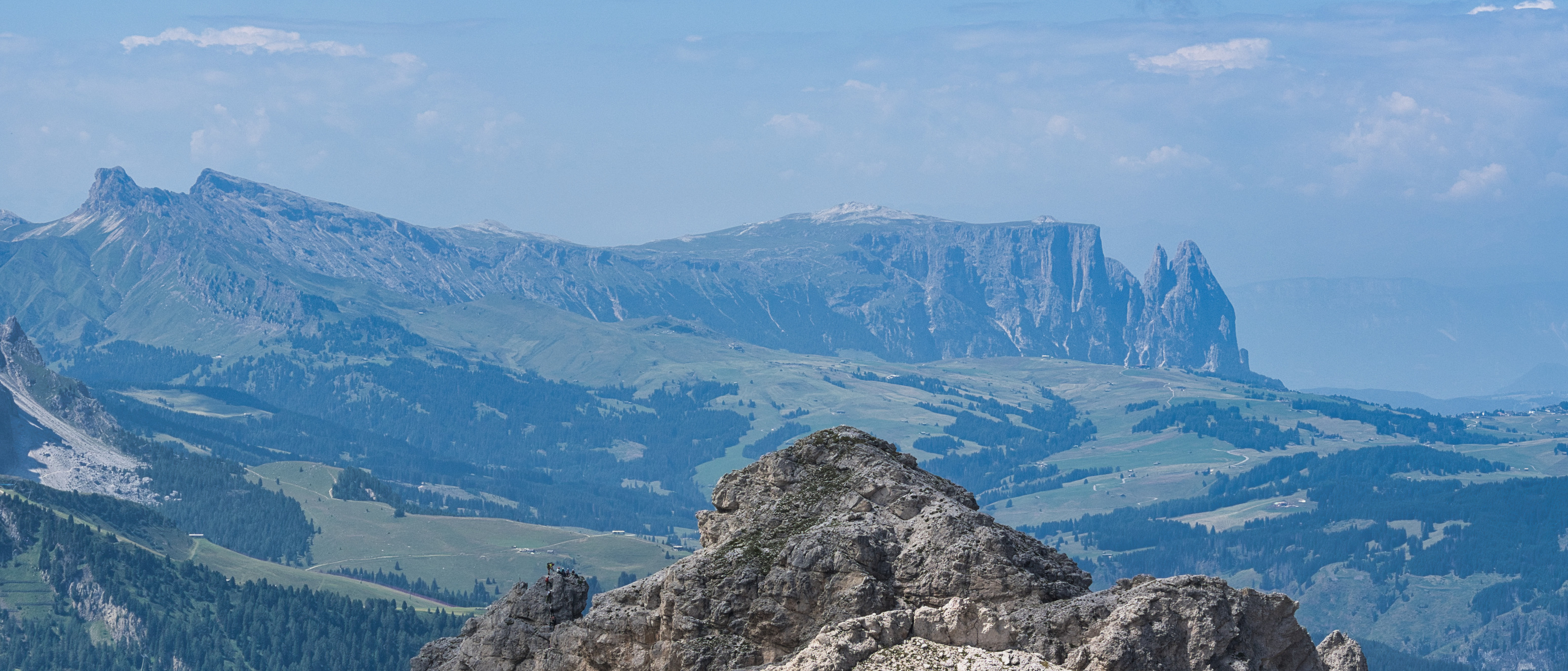 From the summit of the Gran Cir you can see the Alpe di Siusi (the rolling green plateau in the middle ground) and the Sciliar massif in the background. The village we stayed in is on the opposite side.