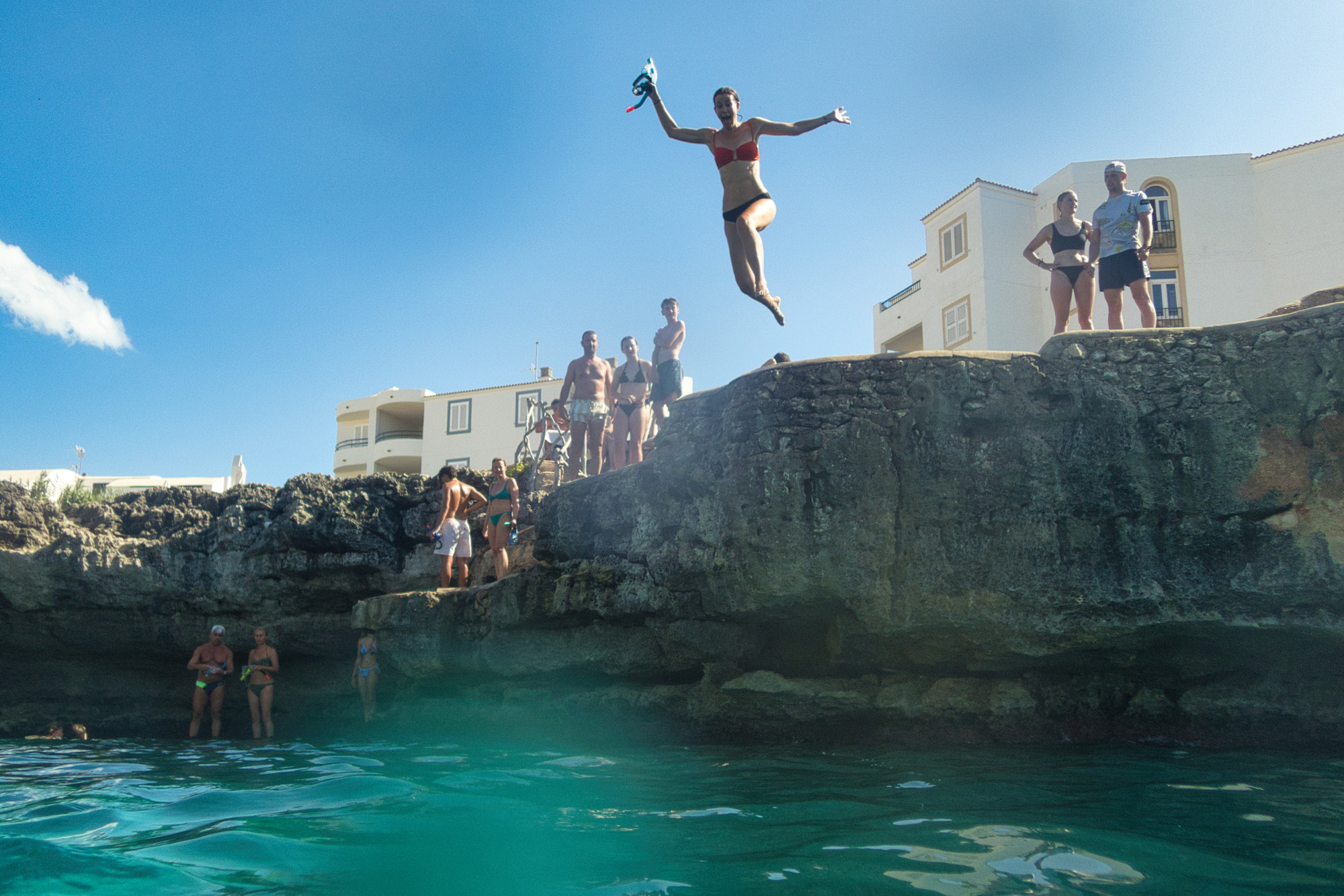 Aria at our local cliff diving / snorkeling spot, Es Clot de Sa Sera